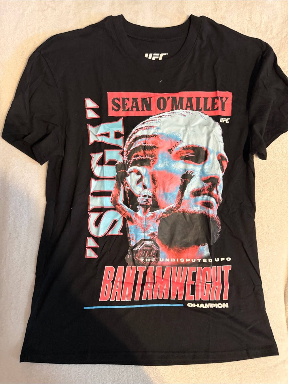 UFC Sean O'Malley Black Graphic Short Sleeve Tee - Red & Light Blue Print